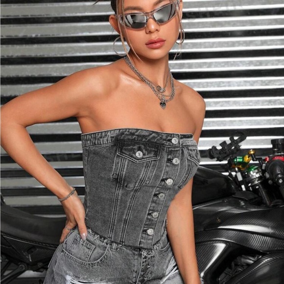 Flap Pocket Button Front Tube Denim Top - Picture 5 of 5